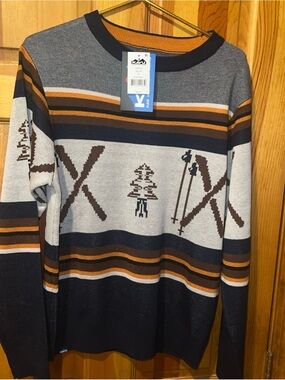Kavu Men's Crewneck Ski Motif Sweater - Navy, Brown & Gray small MSRP $95